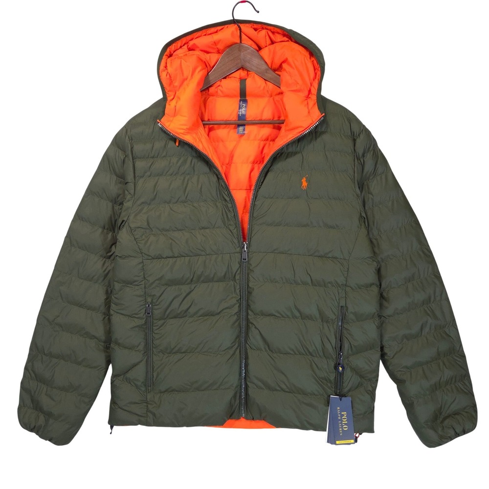Polo Ralph Lauren Reversible Puffer Jacket Mens M Green Orange Hooded Warm NEW